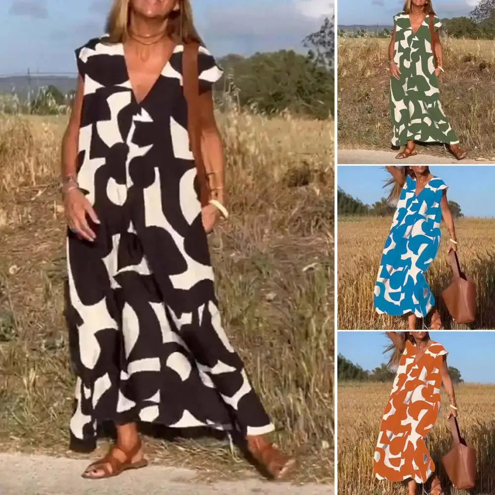 Ladies Bohemian Print Dress High Waist Dress Elegant Boho Print Maxi Dress for Women Flattering A-line Fit Soft Polyester Fabric