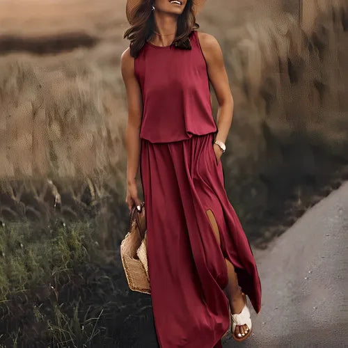 Customizable Casual Women Summer Party Long Dress Sleeveless Slit Dress Office Lady Fashion O-neck Off Shoulder Solid Dresses