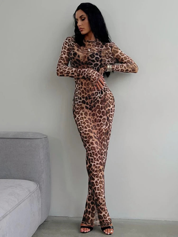 Dulzura 2024 Sexy Elegant Maxi Dress Printed Leopard Long Sleeve Dresses Women Clothes Y2K Lady Party Club Streetwear Holiday