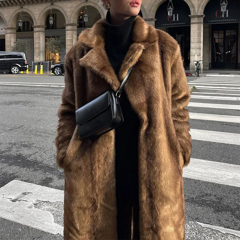 Lapel Collar Fashion Woman Long Sleeves Faux Fur Coat Classic Solid Color Fluffy Warm Overcoat New Lady Winter Street Outerwear