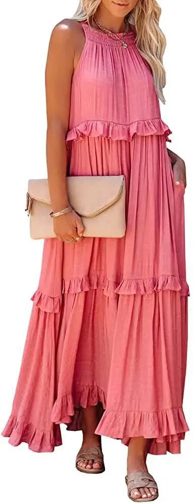 Women Casual Solid Ruffles Long Dress Summer Elegant Sleeveless Sundress Elegant Harajuku Maxi Dress Beach Party Evening Vestido