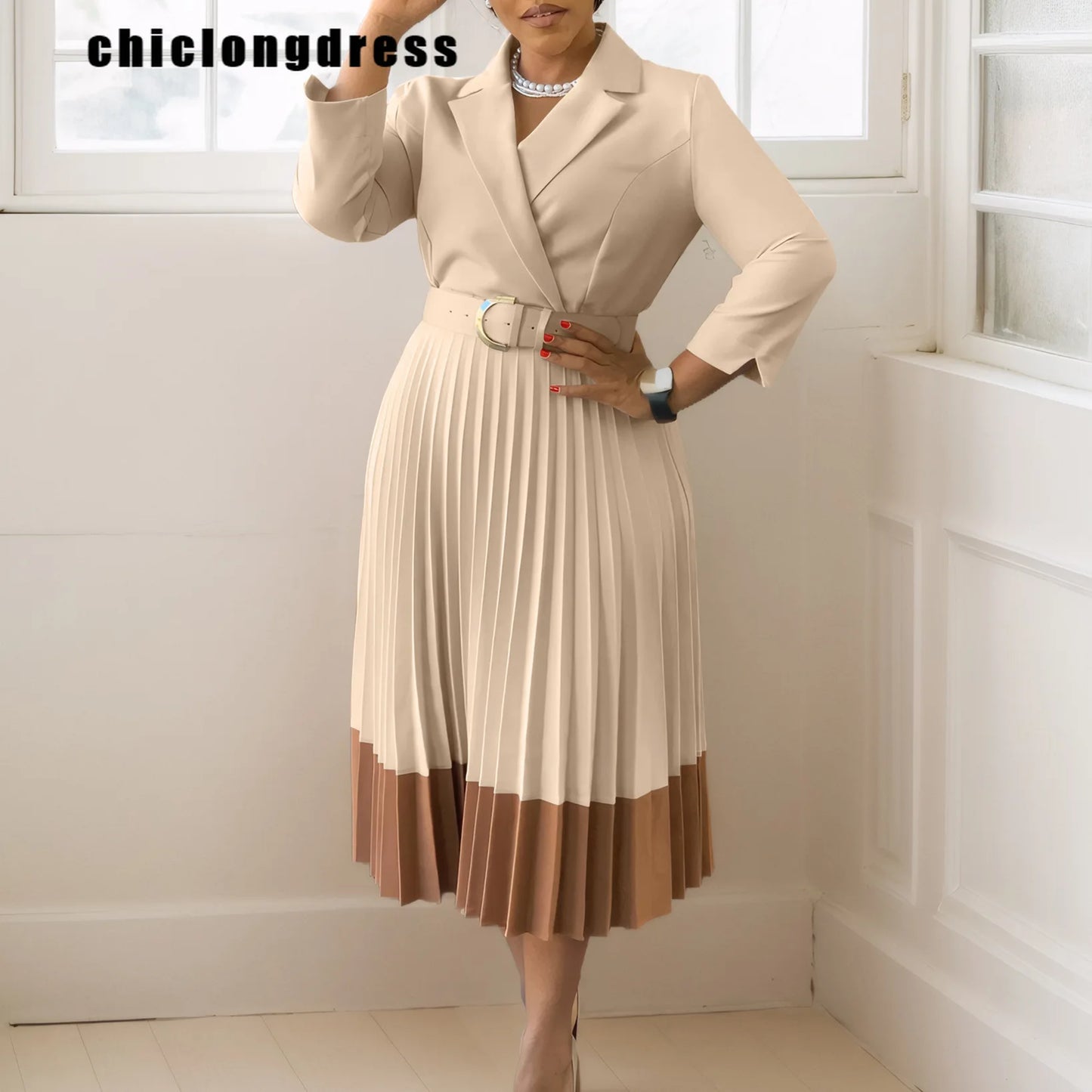 Winter Fashion Elegant Pleated A-line Dress African Women Casual Office Ladies Lapel Long Sleeved Belt Pleated Dress Women