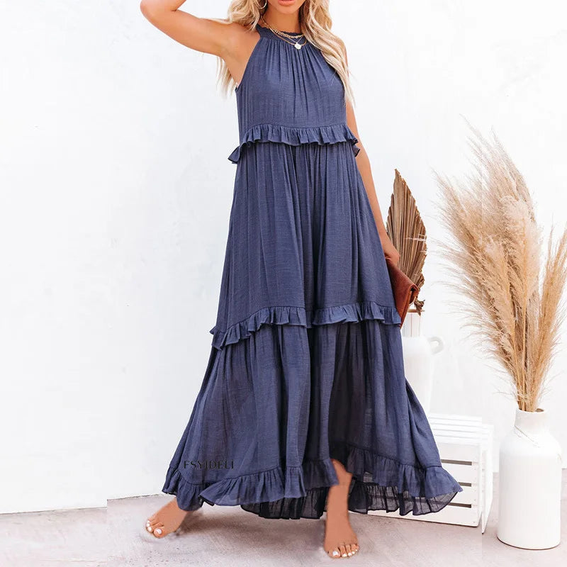 Women Casual Solid Ruffles Long Dress Summer Elegant Sleeveless Sundress Elegant Harajuku Maxi Dress Beach Party Evening Vestido