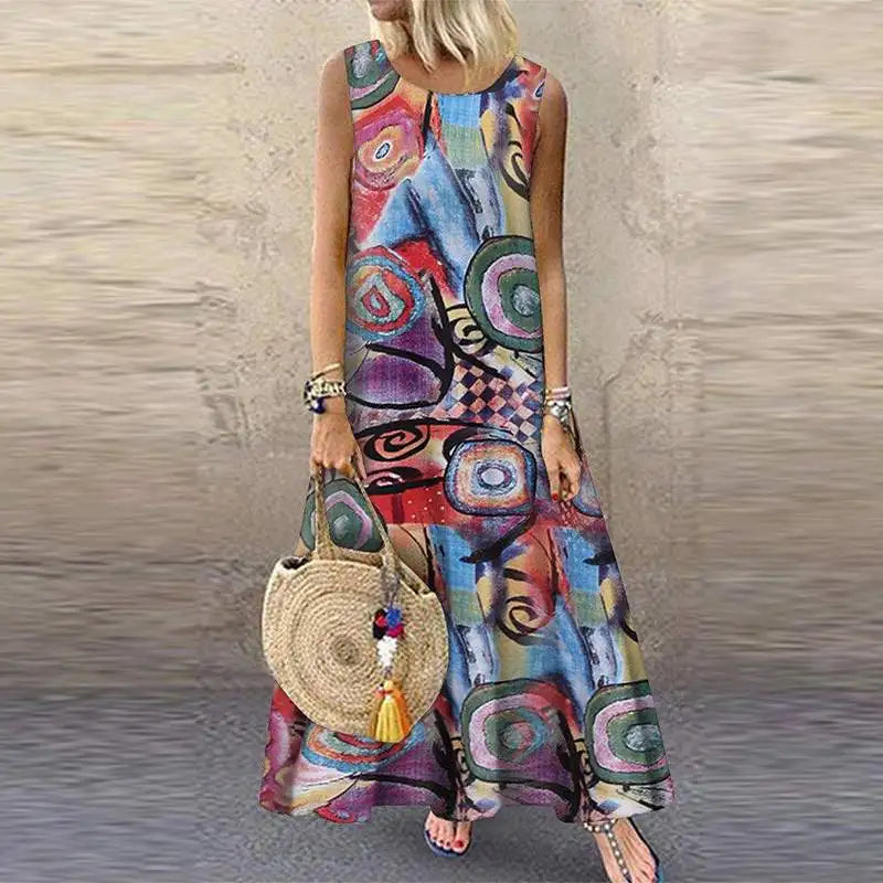 ZANZEA Bohemian Floral Printed Dress Women Vintage Sleeveless O Neck Beach Sundress Summer Femme Fashion Vestido Robe Sarafans