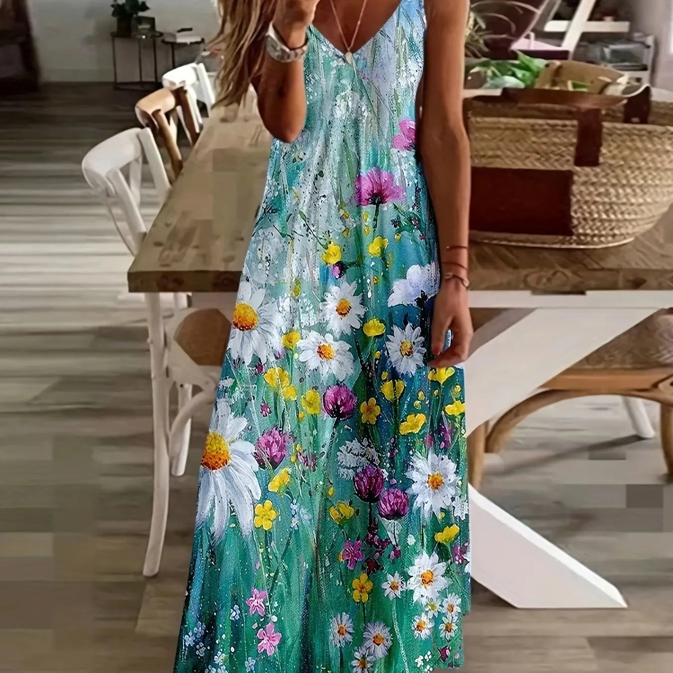 Summer Fresh Plant Flower Print Women's Dress Fashion Casual V-neck Loose Sweet Playful Beach Suspender Women's Long Dress