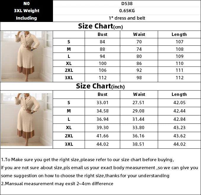 Winter Fashion Elegant Pleated A-line Dress African Women Casual Office Ladies Lapel Long Sleeved Belt Pleated Dress Women