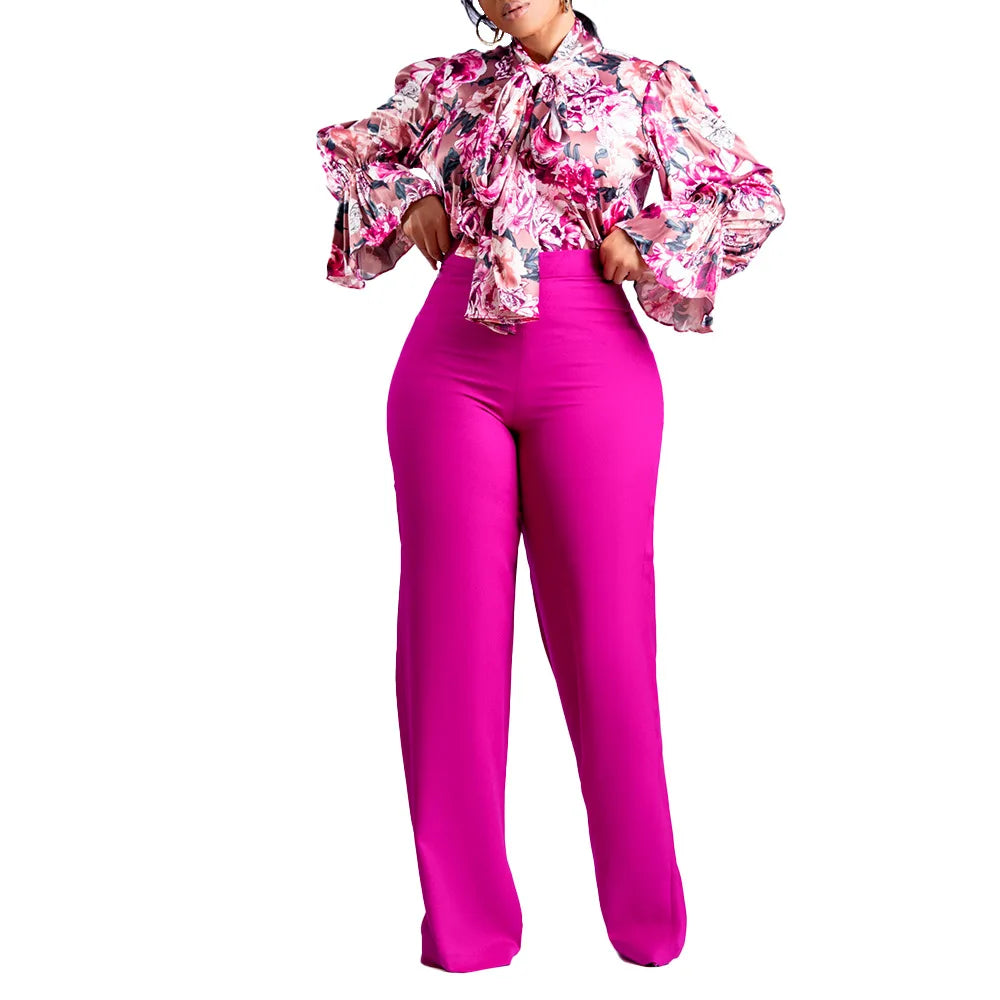 2 Pieces Women's Sets Summer Autumn Flower Print Blouse Shirt Suit Tops And Pants Suits Dashiki African Set Tracksuit Outfit