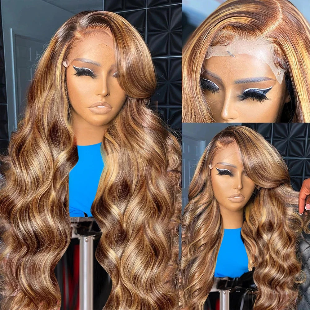 13x4 HD Highlight Ombre Body Wave Wigs Human Hair P4/27 Blonde Brown Wig13x6 Lace Frontal Wig Colored Human Hair 200% For Women