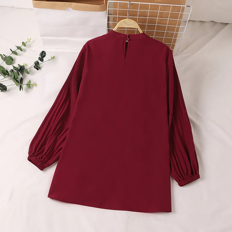 ZANZEA Muslim Islamic Pleated Long Blouses Women Autumn Long Sleeve O Neck Casual Blusas Mujer Fashion Solid Color Tunic Tops