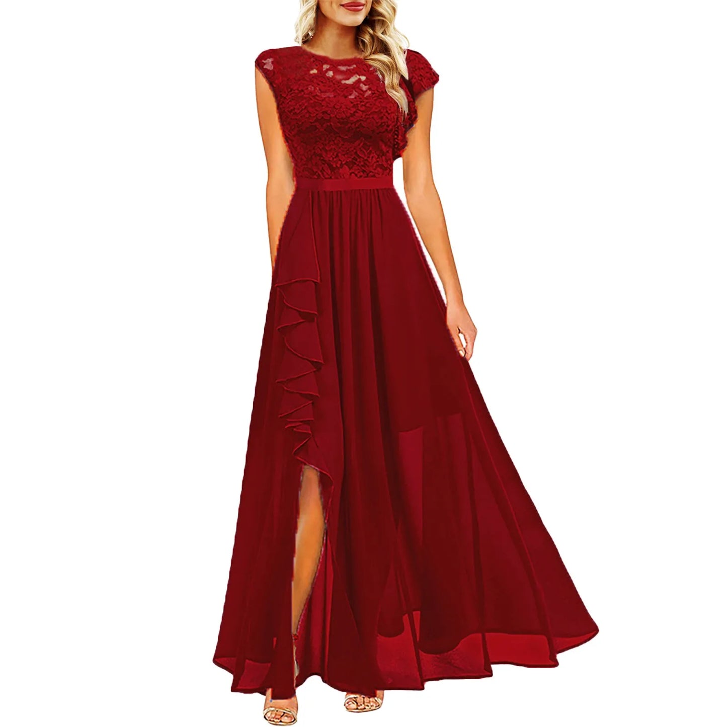 Women's Dress Lace Splice Ruffle Slit Irregular Elegant Long Dress Sleeveless Bridesmaid Cocktail Prom Wedding Party Dresses