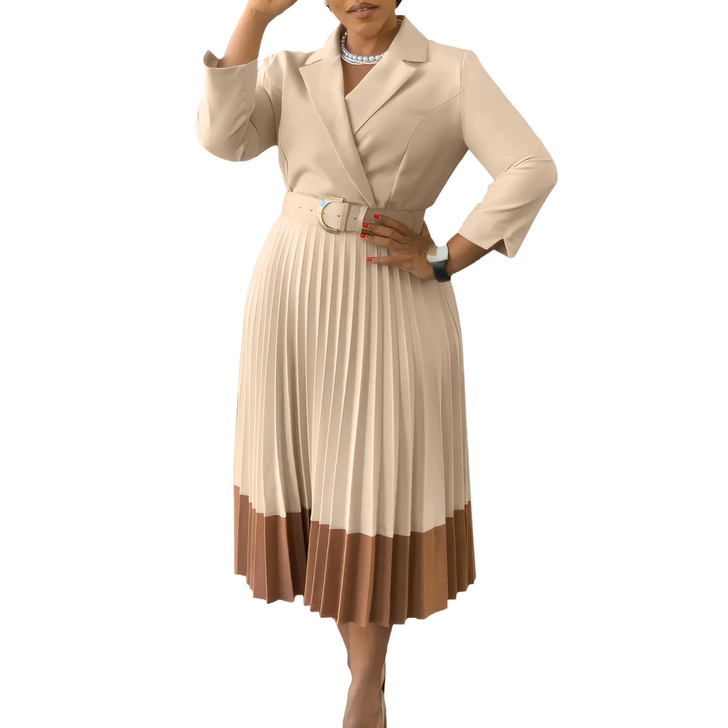 Winter Fashion Elegant Pleated A-line Dress African Women Casual Office Ladies Lapel Long Sleeved Belt Pleated Dress Women