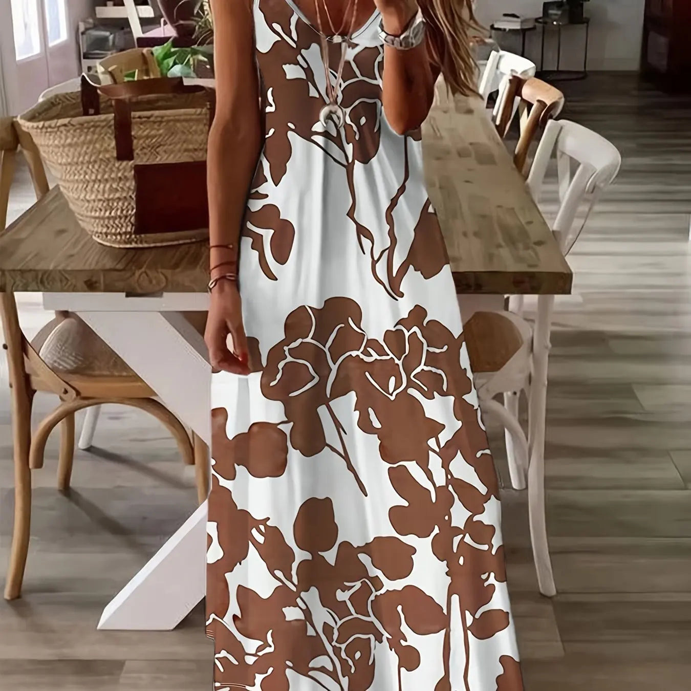 Summer Fresh Plant Flower Print Women's Dress Fashion Casual V-neck Loose Sweet Playful Beach Suspender Women's Long Dress