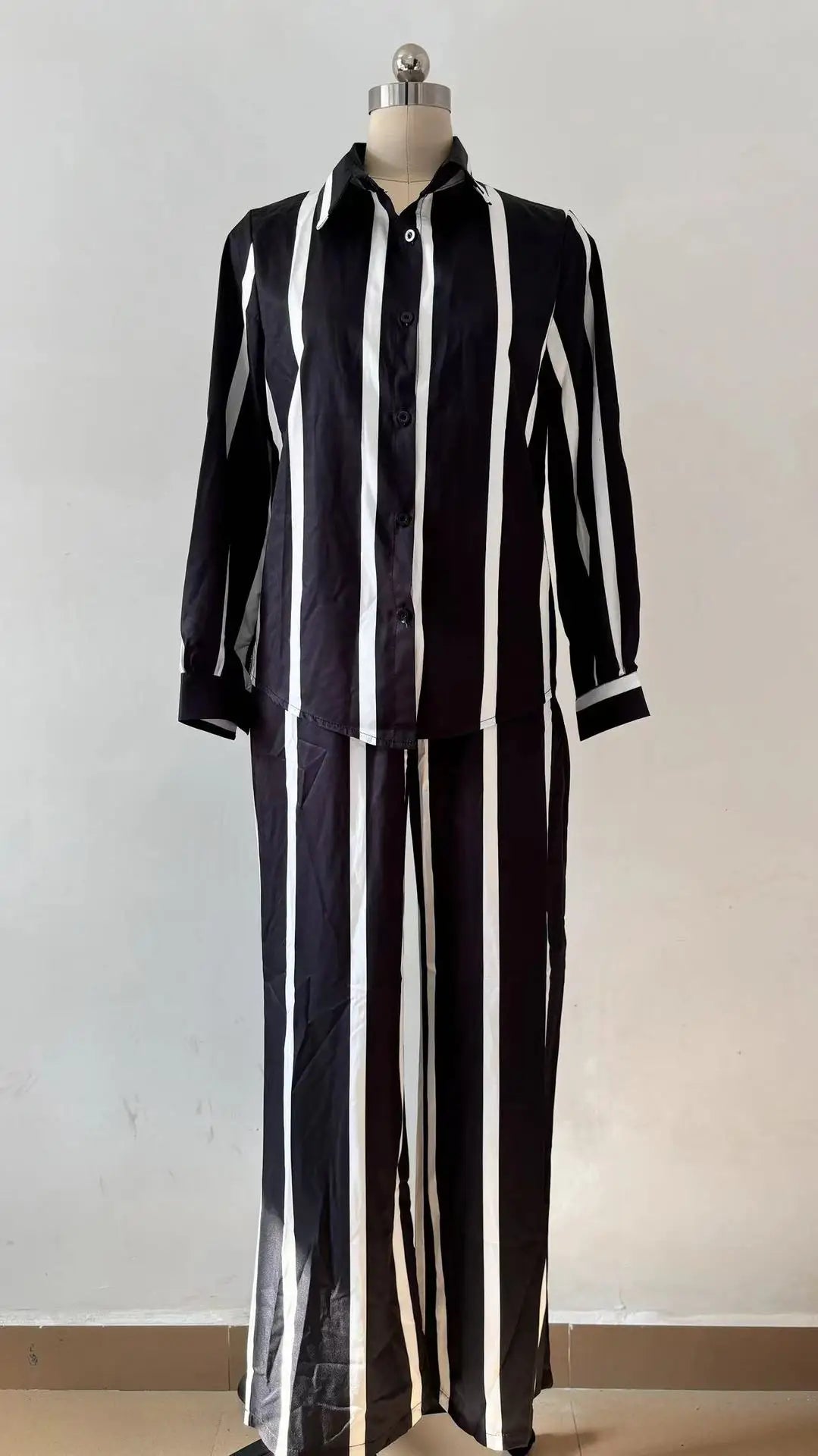 Fashion Striped Print Suit For Women Elegant Lapel Long Sleeved Shirt Elastic Waist Wide Leg Pants Two Piece Set 2024 Autumn New