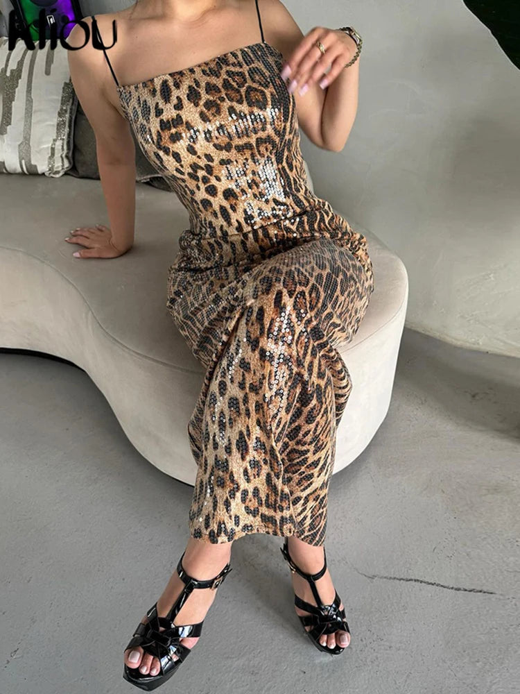 kliou Leopard Shiny Sequins Women Dresses Fashion Suspendency Body-shaping Long Robe Female High Street Evening Party Vestidos