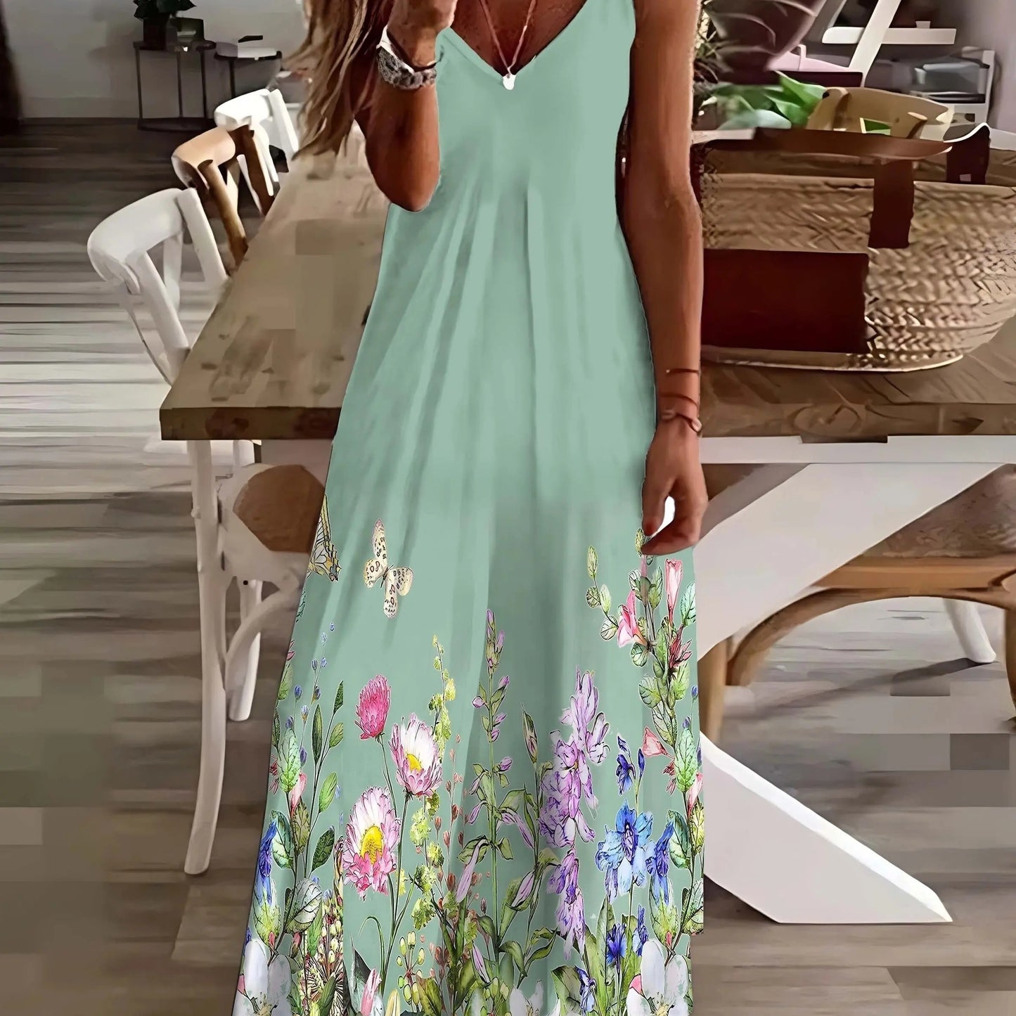 Summer Fresh Plant Flower Print Women's Dress Fashion Casual V-neck Loose Sweet Playful Beach Suspender Women's Long Dress