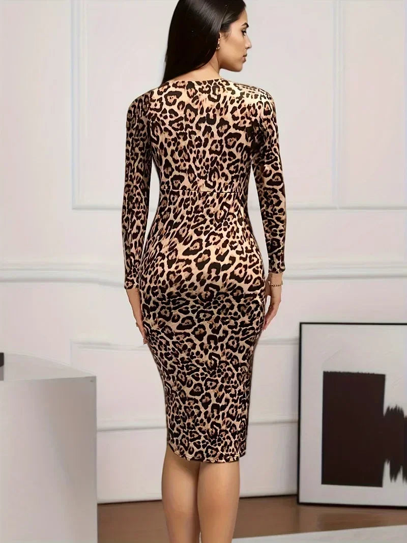 Women's Elegant Summer V-Neck Leopard Print Patchwork Collar Split Knee Length Dress Tight Fitting Dress