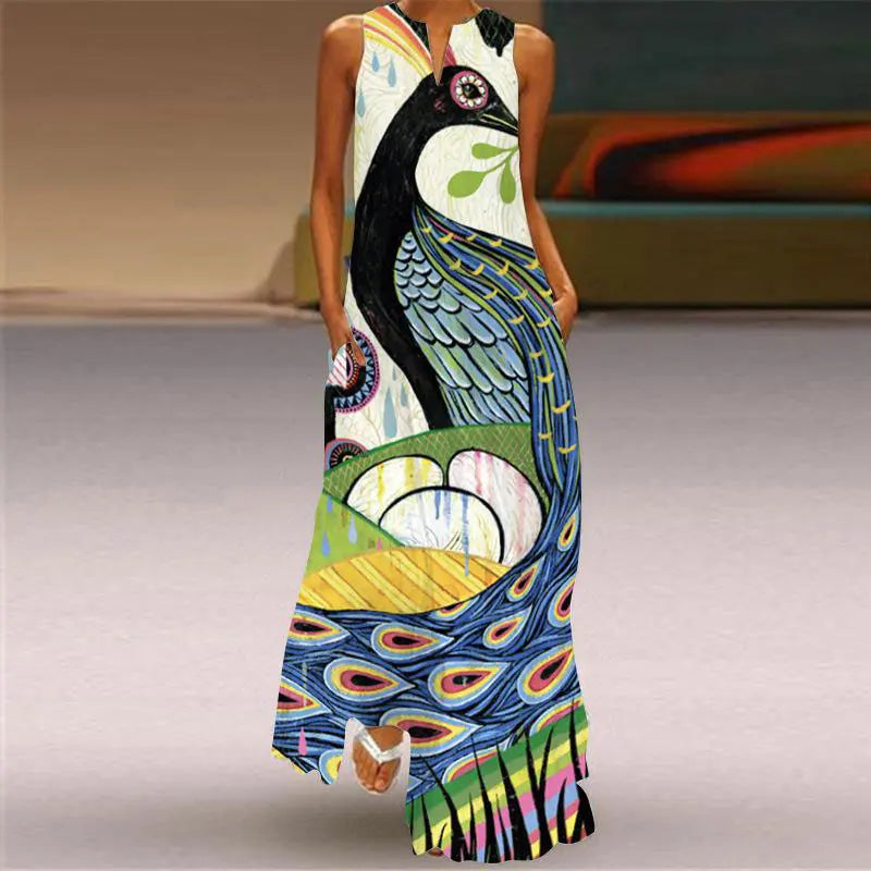 2024 New Summer Ladies Peacock Print Dress High Temperament V-Neck Ladies Long Party Dress Fashion Holiday Travel Dress