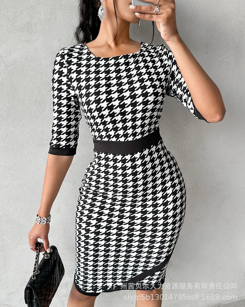 Women's Clothing New Houndstooth Printing Color Contrast Style Dress Midi Knee Length Office Half Sleeve Square Neck Dress