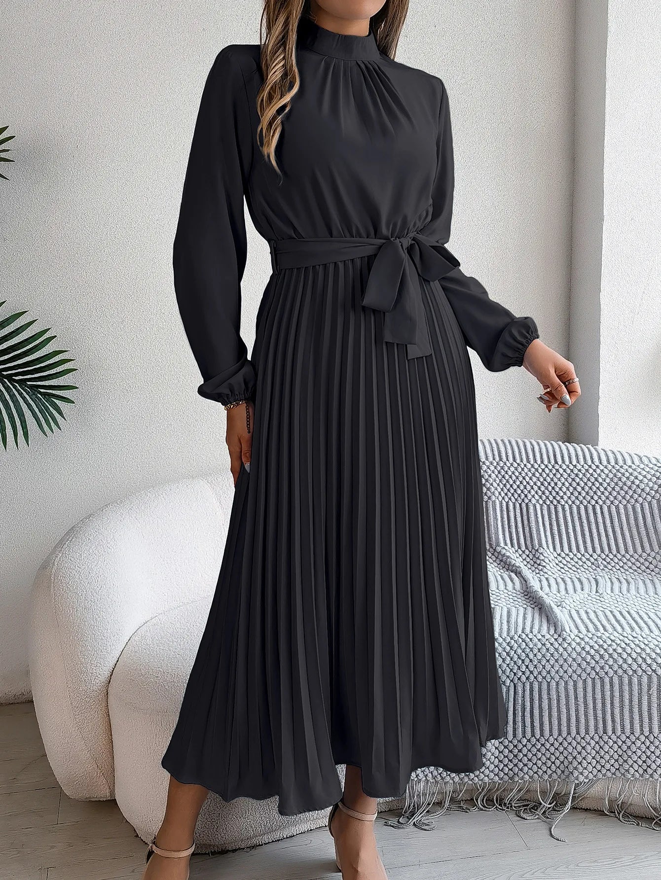 Elegant Women's Solid Color Pleated Lace Up Autumn And Winter Dresses Fashionable Women's Standing Collar Long Sleeved Dress