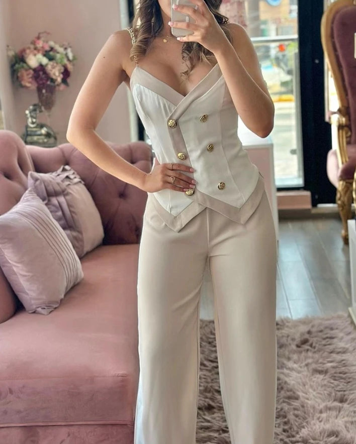 Women Two-Piece Set 2024 Spring Summer V-Neck Double Breasted Chain Strap Sleeveless Top & Straight Leg Pants Set Casual Style