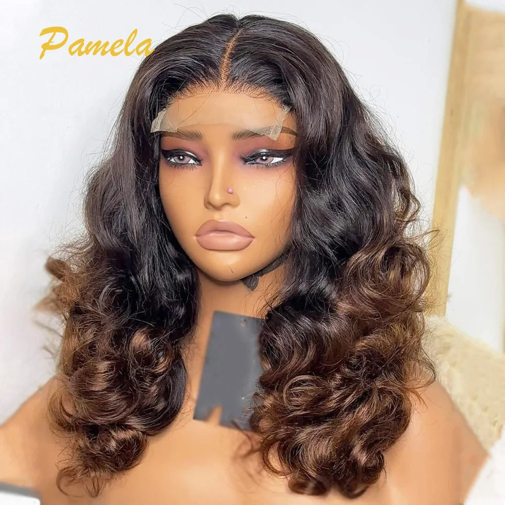 250% Density Ombre Blonde 1B/4 Brown Colored Loose Wave 13x4 HD Transparent Lace Frontal Glueless Wig Human Hair Ready To Wear