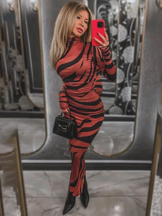 Leopard Printed Female Maxi Dress Skinny Long Sleeve Sexy High Waist Fashion Summer Streetwear Dress Women's Leopard Dress