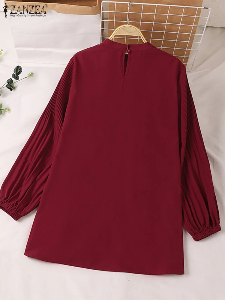 ZANZEA Muslim Islamic Pleated Long Blouses Women Autumn Long Sleeve O Neck Casual Blusas Mujer Fashion Solid Color Tunic Tops