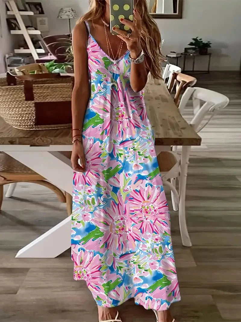 S-3XL Bohemian Style Beach Seaside Vacation Casual Dress Street Fashion Sleeveless Suspender Loose Large Size Long Dress