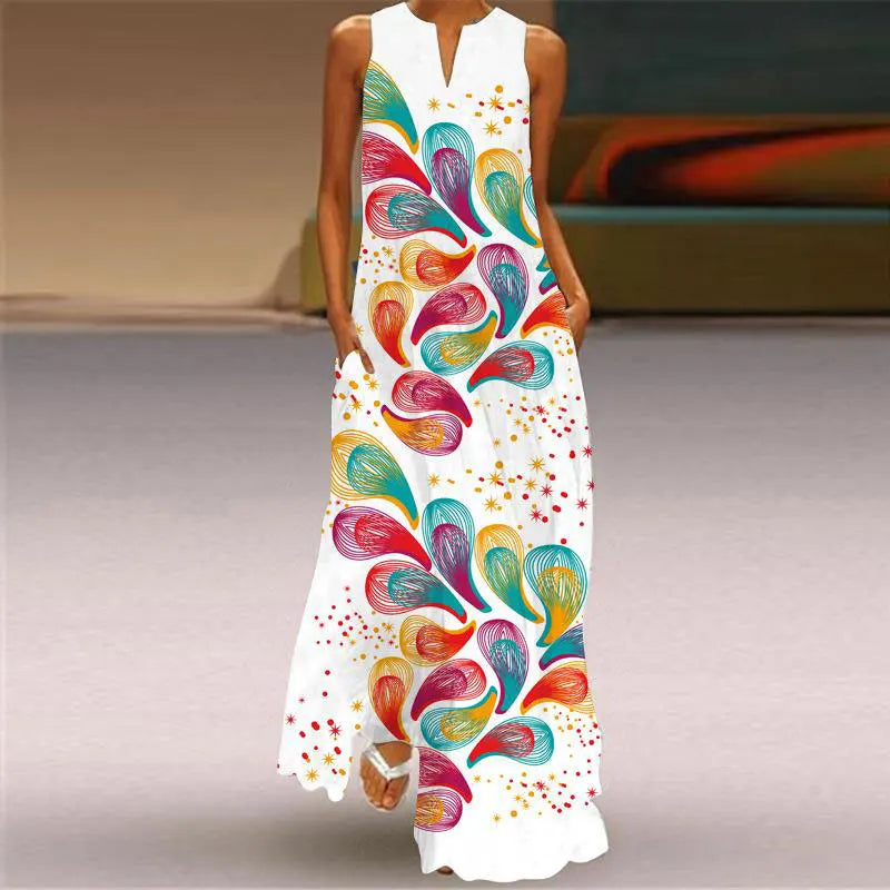 2024 New Summer Ladies Peacock Print Dress High Temperament V-Neck Ladies Long Party Dress Fashion Holiday Travel Dress