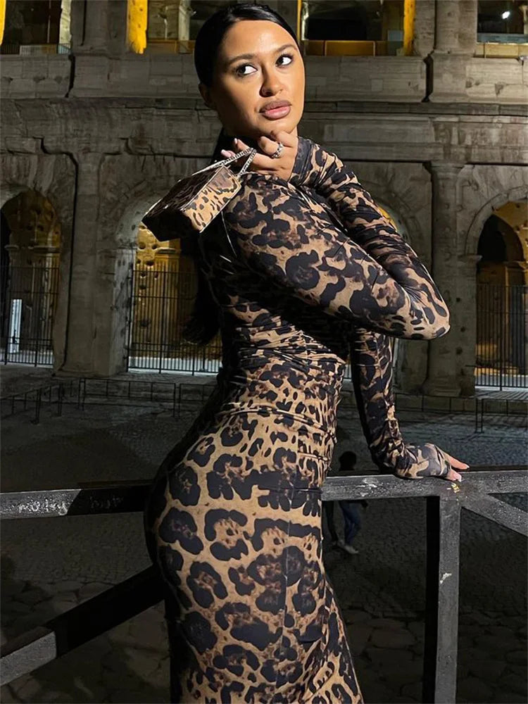 Leopard Printed Female Maxi Dress Skinny Long Sleeve Sexy High Waist Fashion Summer Streetwear Dress Women's Leopard Dress