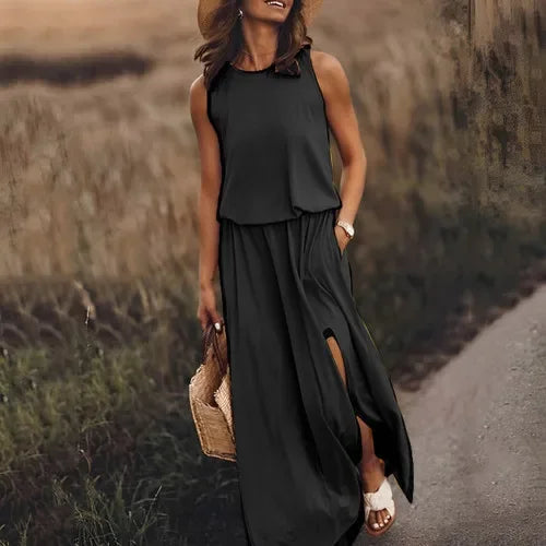 Customizable Casual Women Summer Party Long Dress Sleeveless Slit Dress Office Lady Fashion O-neck Off Shoulder Solid Dresses