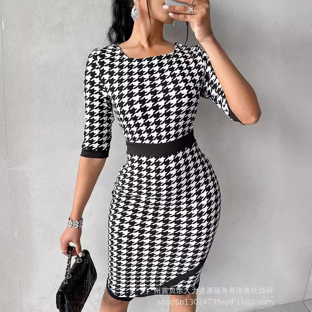 Women's Clothing New Houndstooth Printing Color Contrast Style Dress Midi Knee Length Office Half Sleeve Square Neck Dress