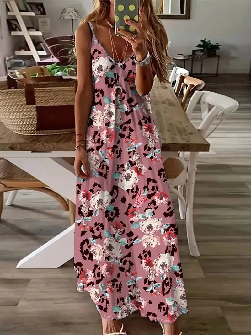 S-3XL Bohemian Style Beach Seaside Vacation Casual Dress Street Fashion Sleeveless Suspender Loose Large Size Long Dress