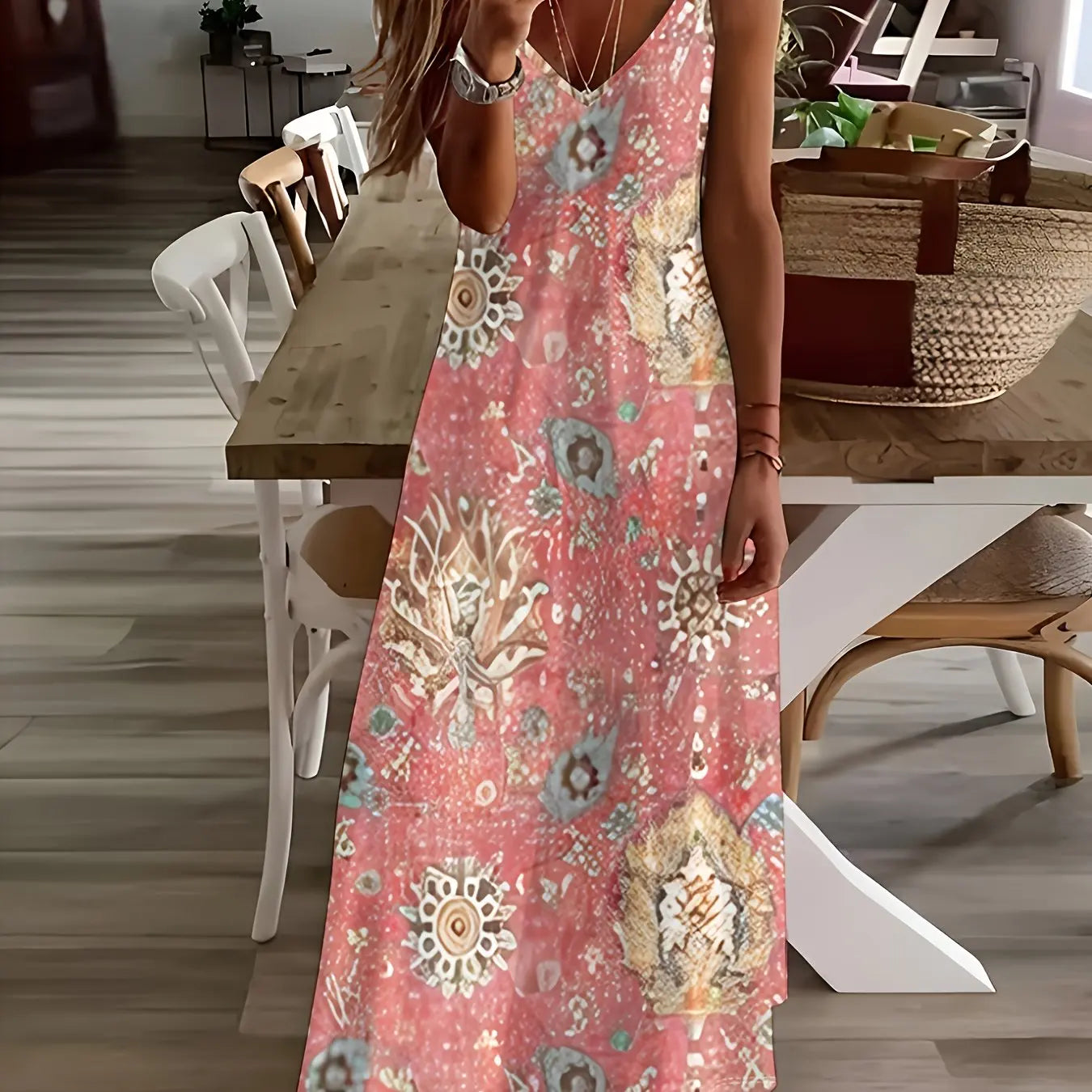 Summer Fresh Plant Flower Print Women's Dress Fashion Casual V-neck Loose Sweet Playful Beach Suspender Women's Long Dress