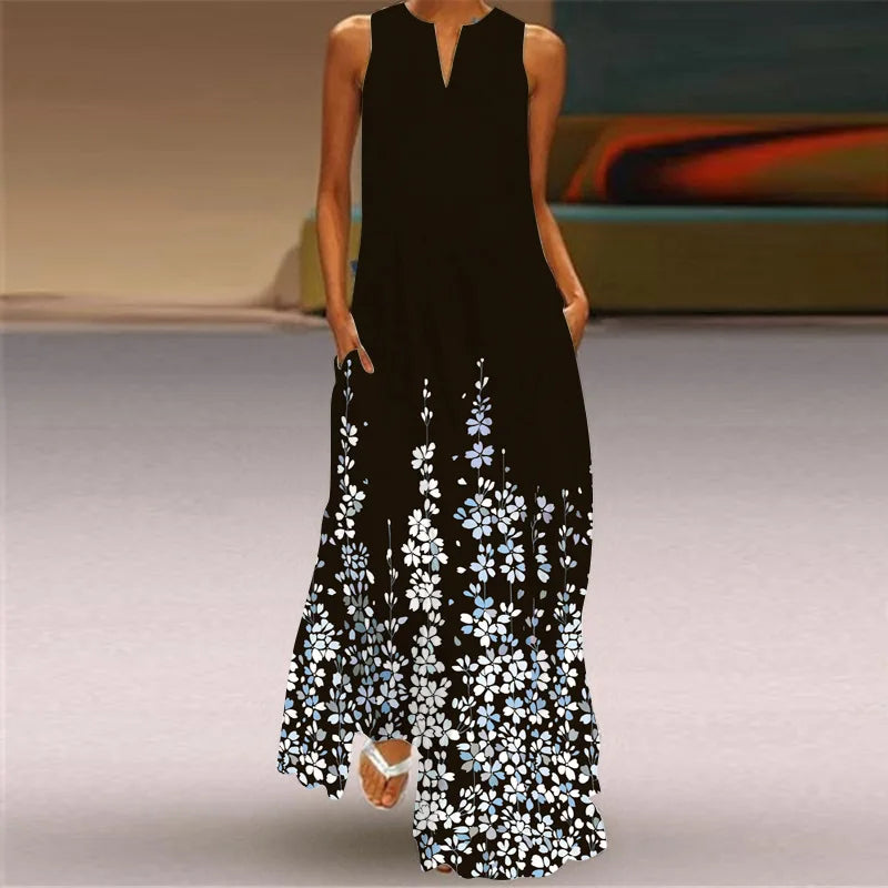 Summer Women's Artistic Retro Sleeveless V-neck Pullover Print Sexy Dress Long Skirt Women's Loose Waist Oversized Swing Skirt