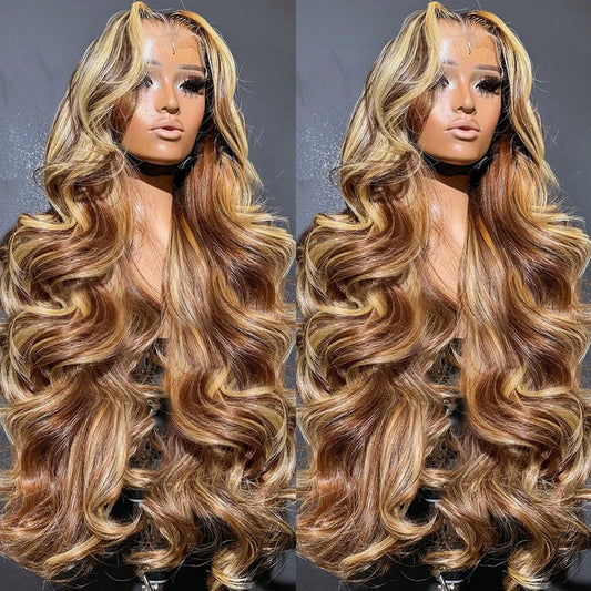 13x4 HD Highlight Ombre Body Wave Wigs Human Hair P4/27 Blonde Brown Wig13x6 Lace Frontal Wig Colored Human Hair 200% For Women