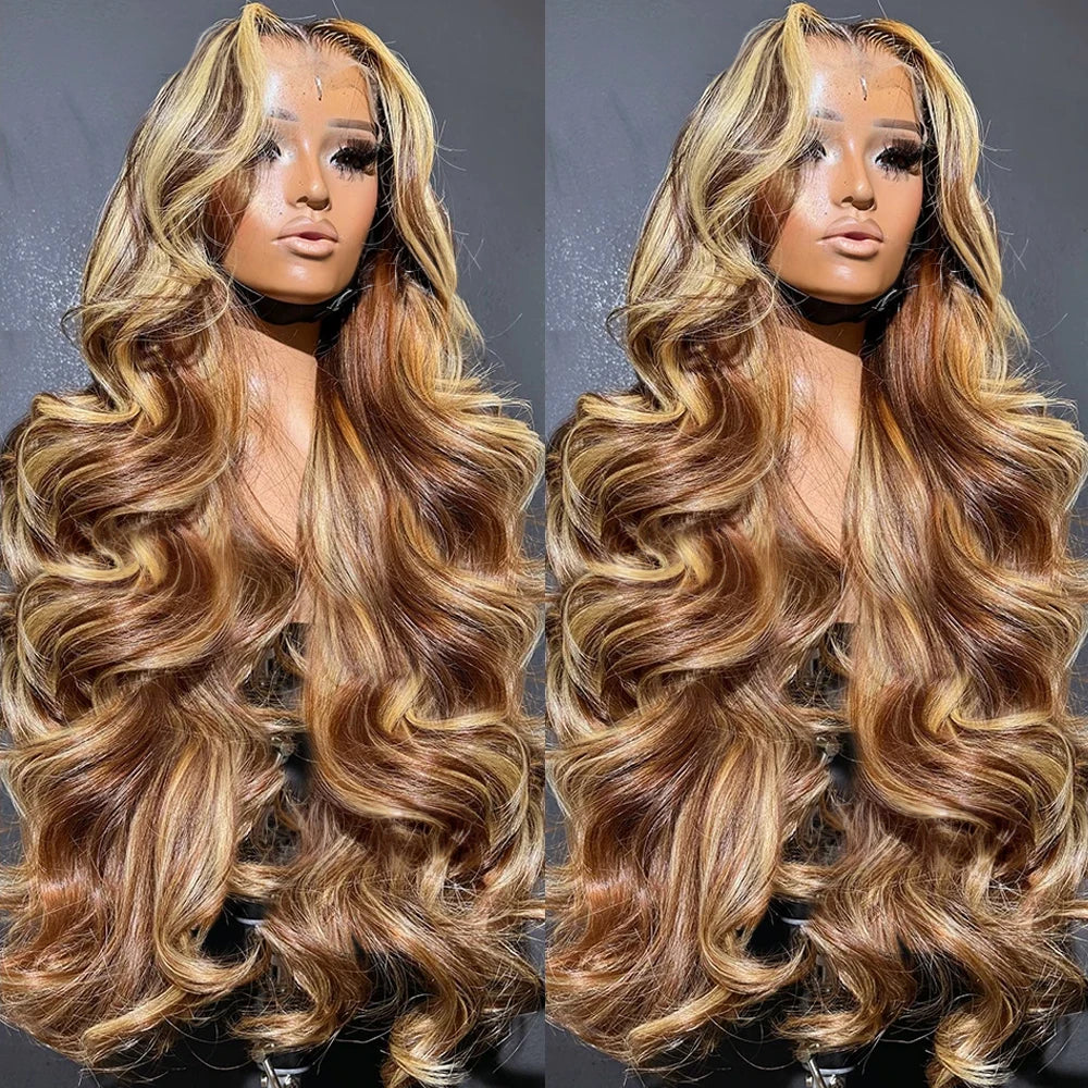 13x4 HD Highlight Ombre Body Wave Wigs Human Hair P4/27 Blonde Brown Wig13x6 Lace Frontal Wig Colored Human Hair 200% For Women