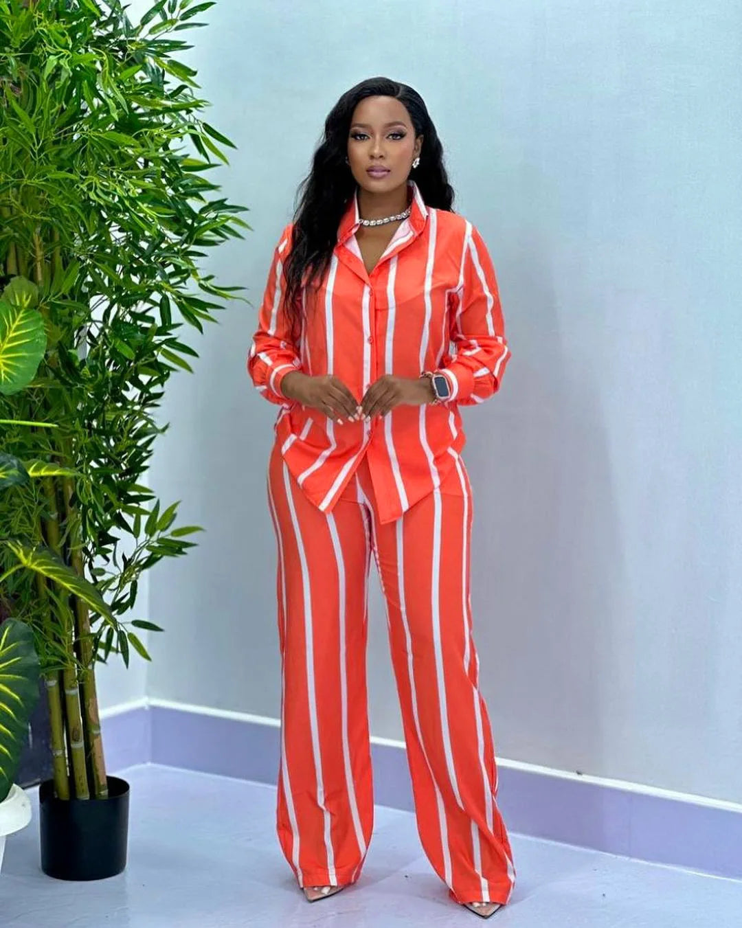 Fashion Striped Print Suit For Women Elegant Lapel Long Sleeved Shirt Elastic Waist Wide Leg Pants Two Piece Set 2024 Autumn New