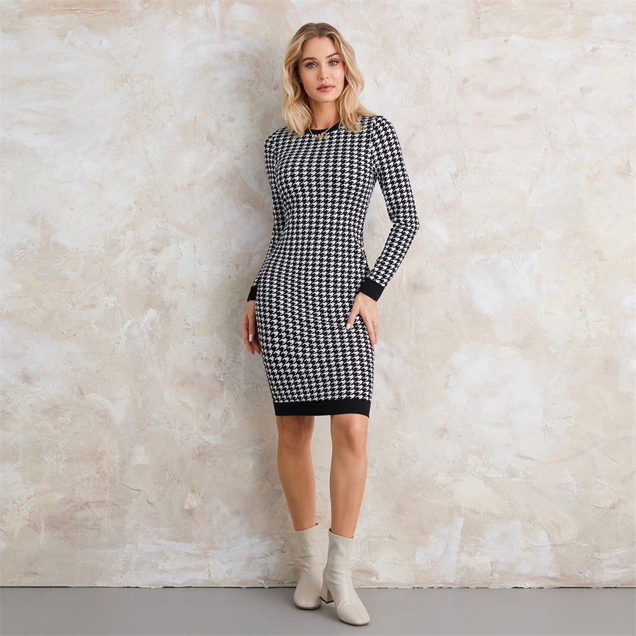 wsevypo Autumn Houndstooth Print Dress Women's Long Sleeve Round Neck Wrap Bodycon Dress Office Lady Hollow Out Back Vestidos