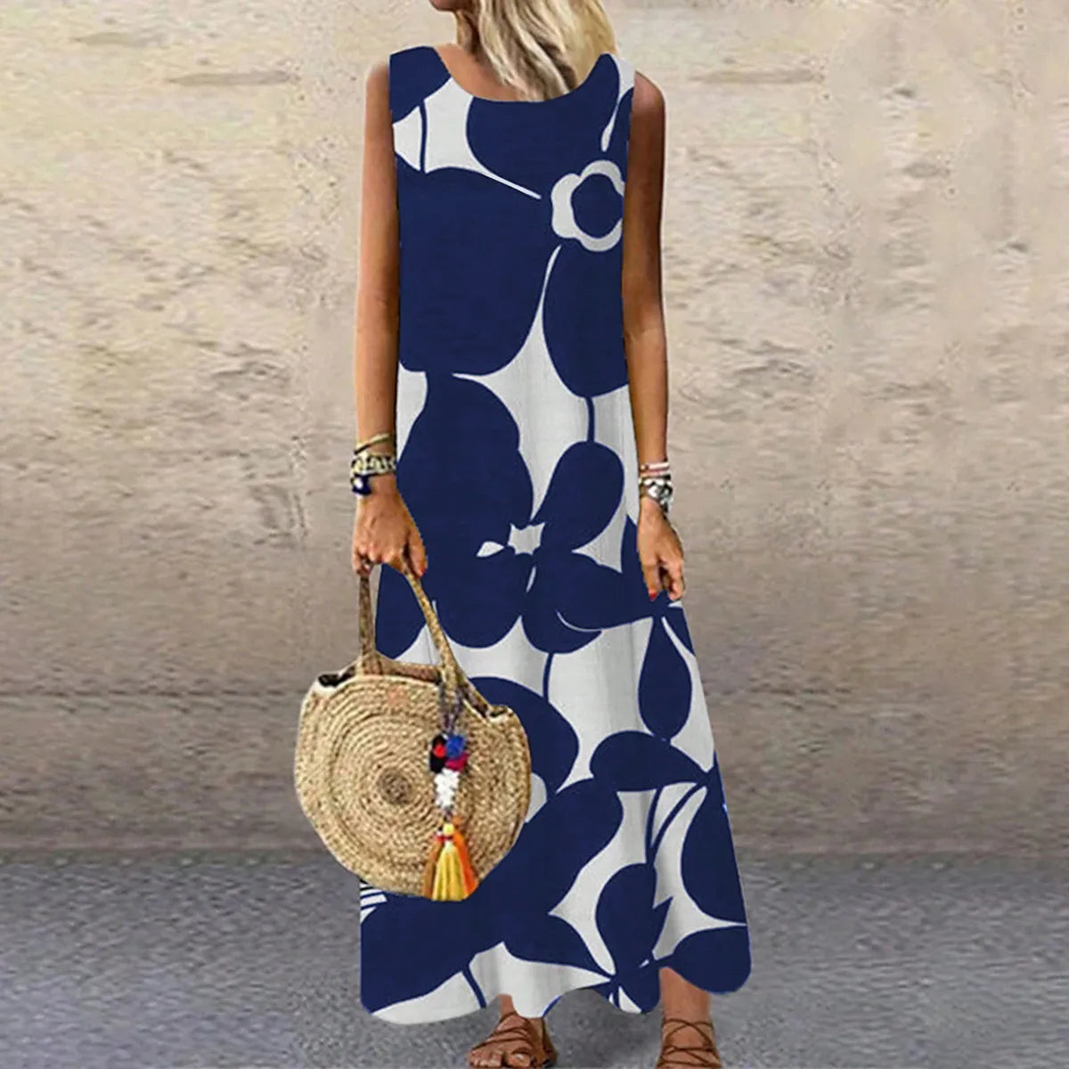 Europe and the United States fashion women's temperament commuter print round neck mid-length sleeveless dress