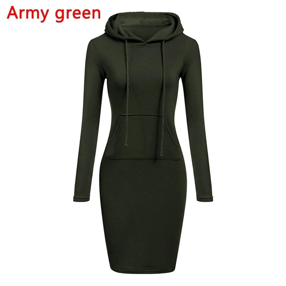 Fashion Women Vintage Hoodie Dress Autumn Winter Long Sleeve Casual Hooded Street Solid Pullover Office Ladies Female Dress