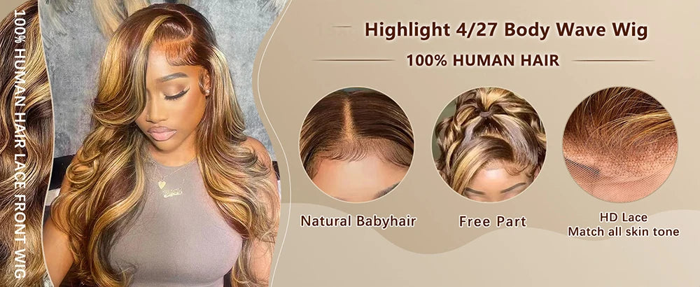 13x4 Highlight Ombre Lace Front Wig Human Hair 4/27 Body Wave Honey Blonde Pre Plucked With Baby Hair HD Lace Front Wigs 200%