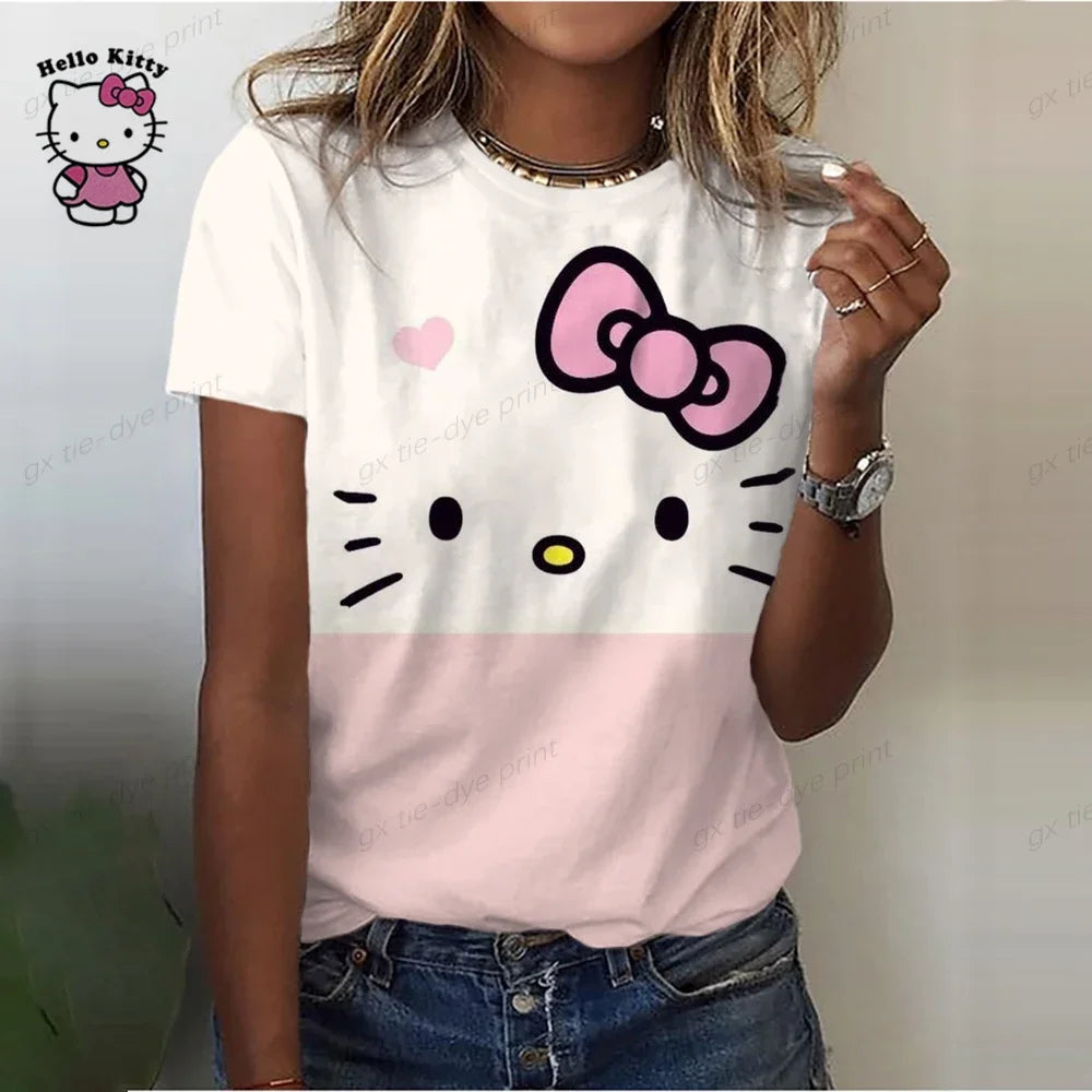 Summer Women Hello Kitty T-shirt 3D Fashion Printing Harajuku T Shirt Oversized Girls Tee Clothing New Short Sleeve O-Neck Top