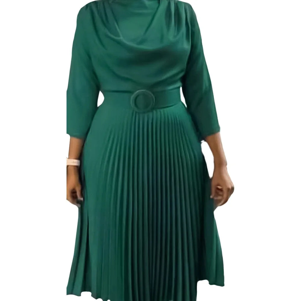 Elegant Office Dress Pleated for Women Professional Round Neck Full Sleeve Belt Waisted Mid Calf Formal Business Work Dress New