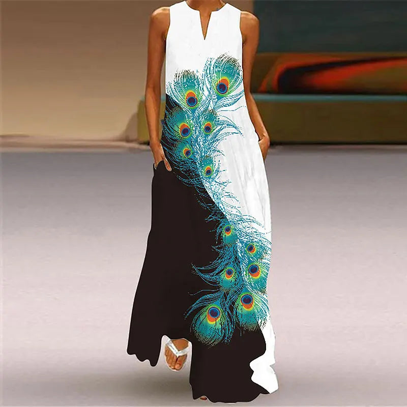 2024 New Summer Ladies Peacock Print Dress High Temperament V-Neck Ladies Long Party Dress Fashion Holiday Travel Dress