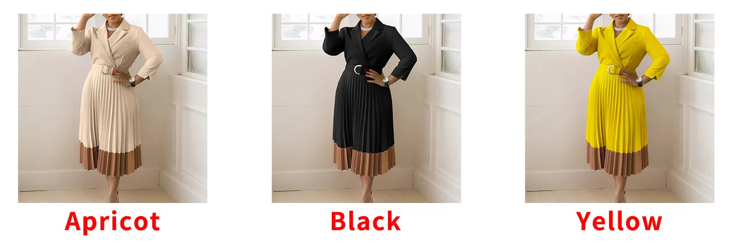 Winter Fashion Elegant Pleated A-line Dress African Women Casual Office Ladies Lapel Long Sleeved Belt Pleated Dress Women