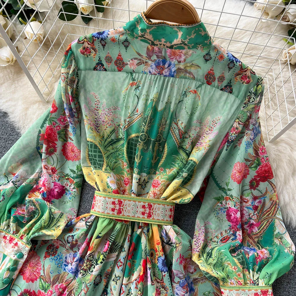 Spring Autumn Holiday Flower Chiffon Long Dress Women's Stand Collar Lantern Sleeve Floral Print Belt Long Party Robe Vestido