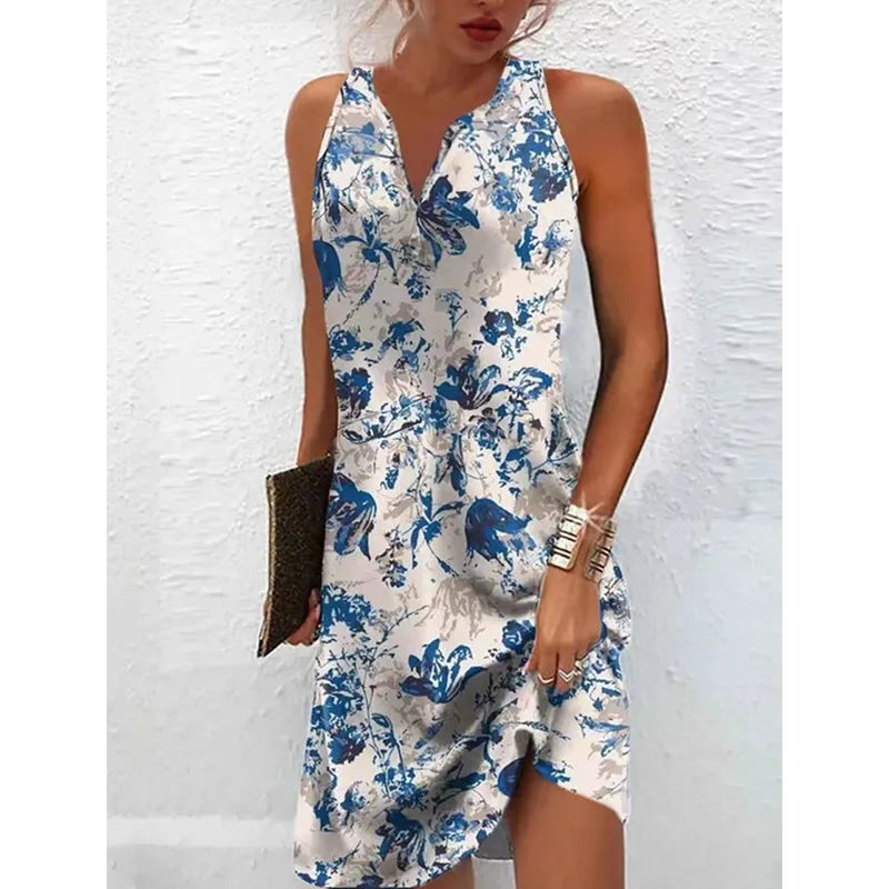 Summer Women's Printed V-Neck Sleeveless Fashion Dress Sexy Flower Mini Dresses Vintage Clothes Vest Ropa Elegant Vestidos 2024