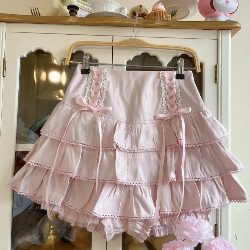 Japanese Harajuku Girls Kawaii Lace Pleated Skirts Women High Waist Bow Lace-up Fairy Y2k Aesthetic Cute Cake Mini Skirts