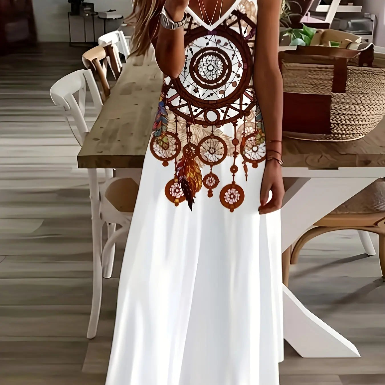 Women's Casual Fashion Loose V Neck Spaghetti Straps Long Dress Fresh Flower Print Maxi Dress Summer Beach Vacation Long Dress